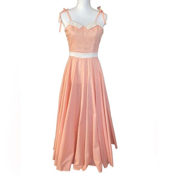 Vintage 70s Prairie Pink Swiss Dot Maxi Dress Women’s XS Peach Full Circle - Picture 4 of 13